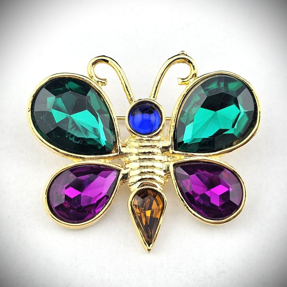Vintage Jelly Belly Rhinestone Butterfly Gold Plated Brooch Pin 2"